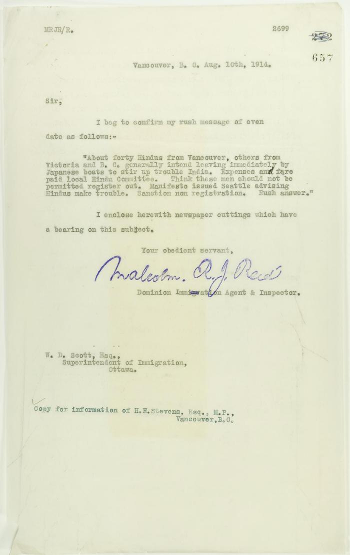 Copy of letter from Reid to W. D. Scott, with newspaper clipping re Vancouver Daily Province: ""Veiled Threat is Made by Hindus""
