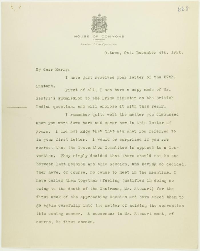 Letter from Meighen to Stevens re conventions to be held in the West, and enclosing Mr. Shastri's submission. Page 1-3