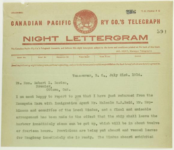 Copy of telegram from Stevens to R. L. Borden re final arrangements for Maru. Page 1-3