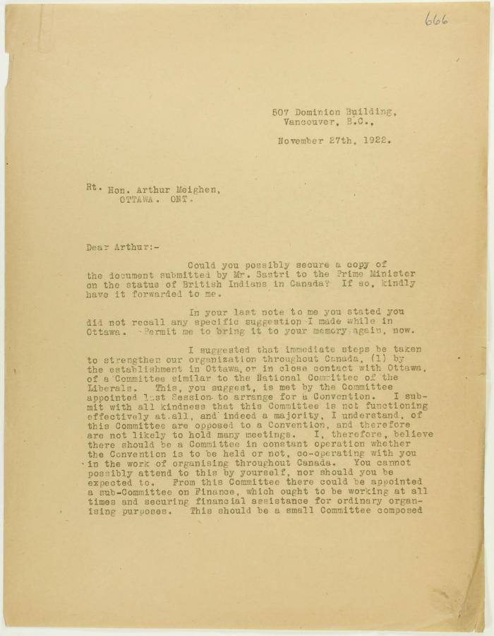 Copy of letter from Stevens to Meighen re Conservative organization, and Mr. Shastri's submission