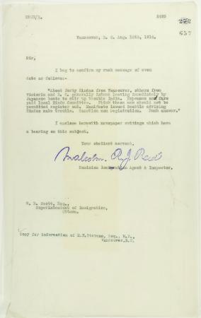 Copy of letter from Reid to W. D. Scott, with newspaper clipping re Vancouver Daily Province: ""Veiled Threat is Made by Hindus""