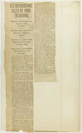 Newsclipping - W. C. Hopkinson was killed by Hindu this morning