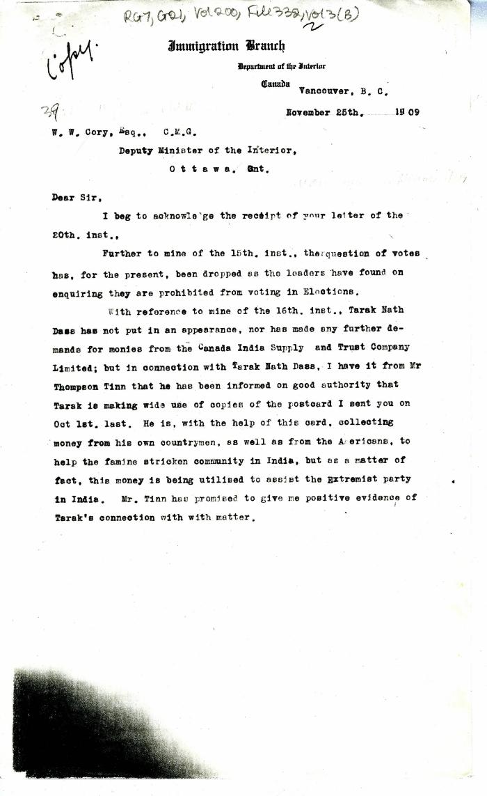 [William C. Hopkinson, Immigration Inspector, to William W. Cory, Deputy Minister of the Interior. Copy]