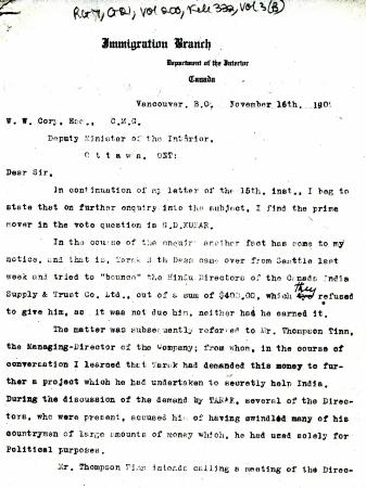 [William C. Hopkinson, Immigration Inspector, to William W. Cory, Deputy Minister of the Interior]