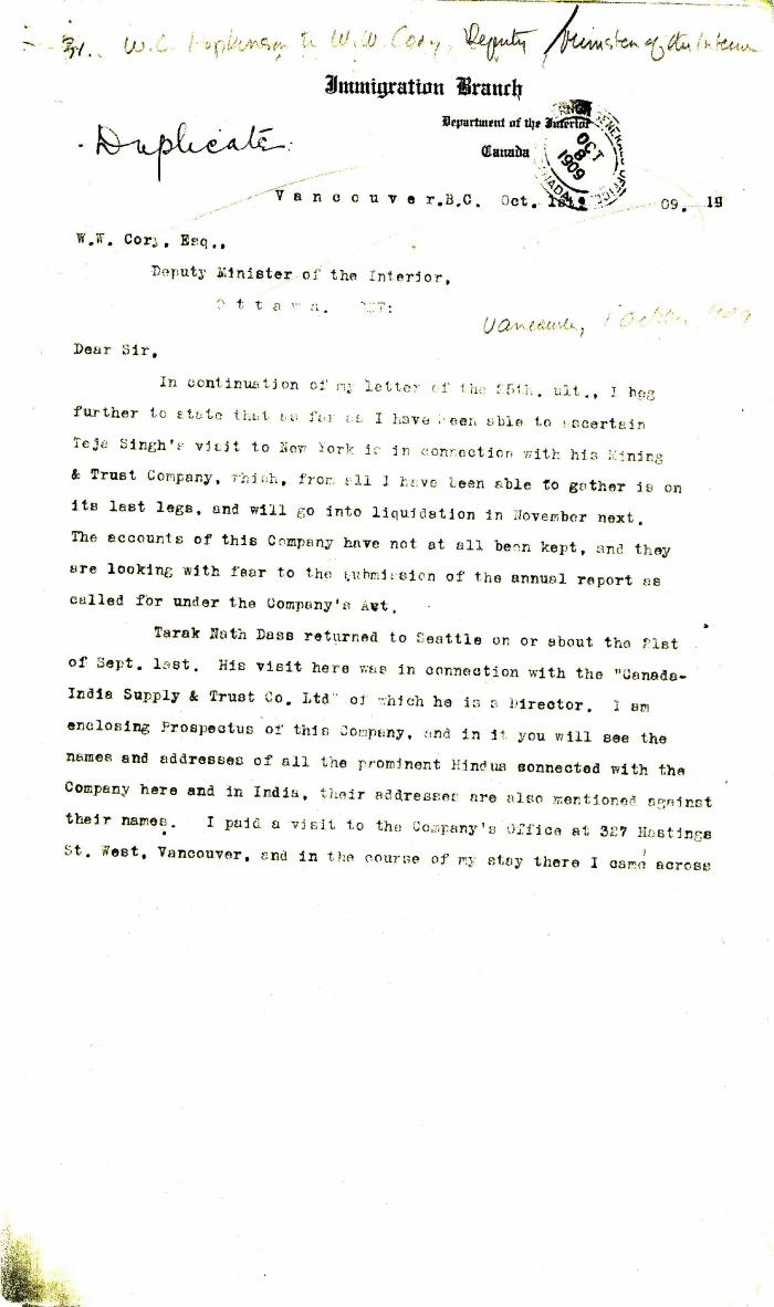 [William C. Hopkinson, Immigration Inspector, to William W. Cory, Deputy Minister of the Interior]