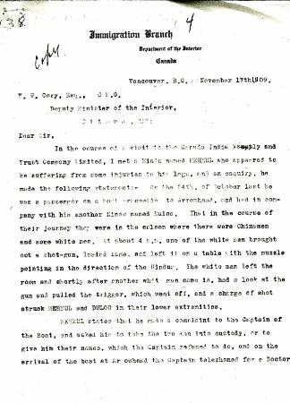 [William C. Hopkinson, Immigration Inspector, to William W. Cory, Deputy Minister of the Interior. Copy]