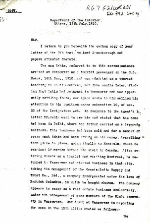 [William D. Scott, Superintendent of Immigration, to William W. Cory, Deputy Minister of the Interior. Copy]