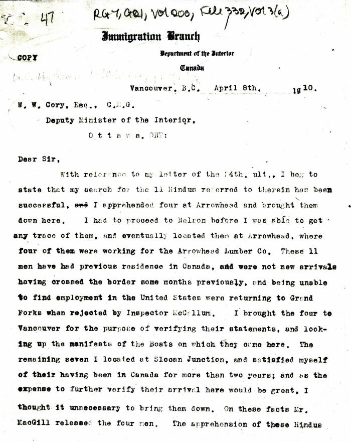 [William C. Hopkinson, Immigration Inspector, to William W. Cory, Deputy Minister of the Interior. Copy]