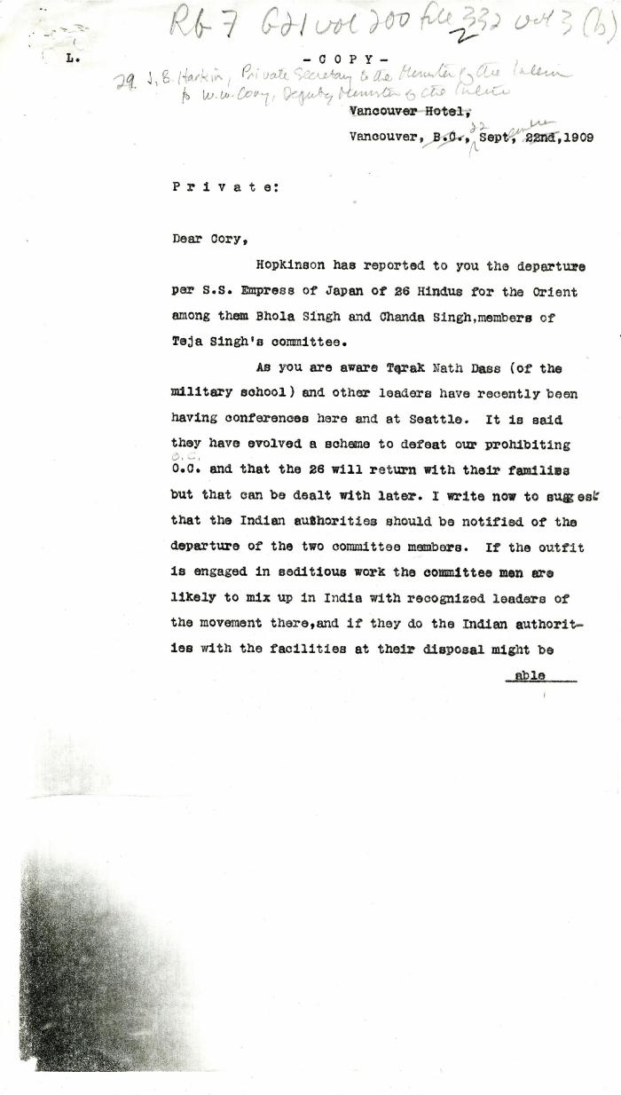 [James B. Harkin, Private Secretary to the Minister of the Interior, to William W. Cory, Deputy Minister of the Interior]