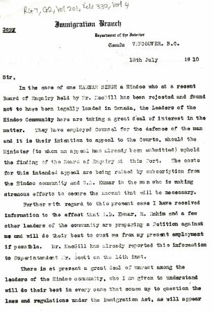 [William C. Hopkinson, Immigration Inspector, to William W. Cory, Deputy Minister of the Interior. Copy]