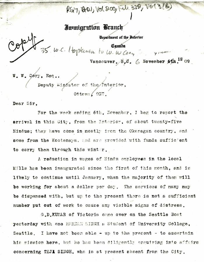 [William C. Hopkinson, Immigration Inspector, to William W. Cory, Deputy Minister of the Interior. Copy]