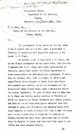 [William C. Hopkinson, Immigration Inspector, to William W. Cory, Deputy Minister of the Interior]