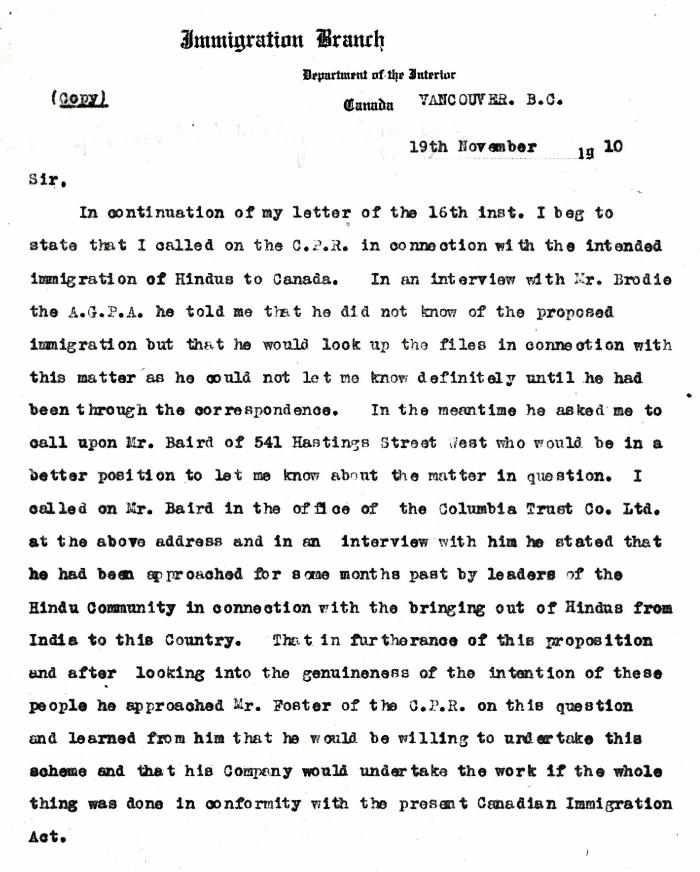 [William C. Hopkinson, Immigration Inspector, to William W. Cory, Deputy Minister of the Interior. Copy]