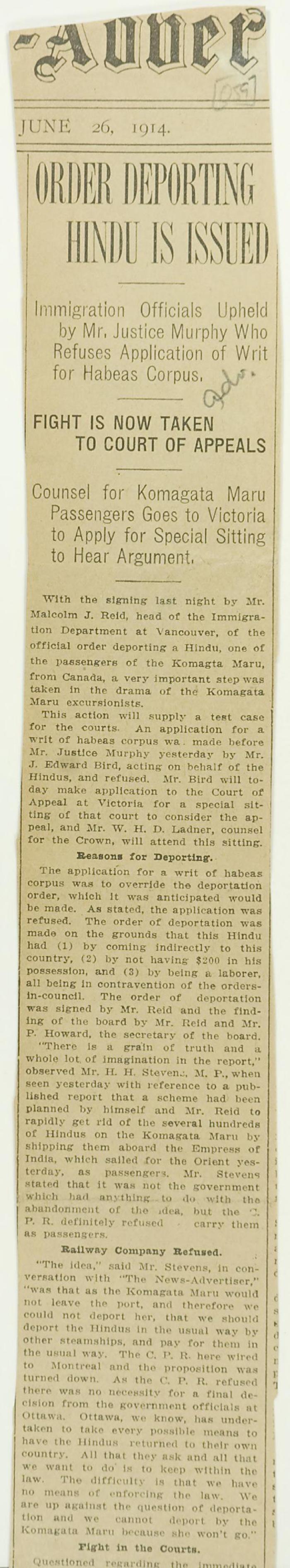 Newsclipping - Vancouver News-Advertiser: Order deporting Hindus is issued