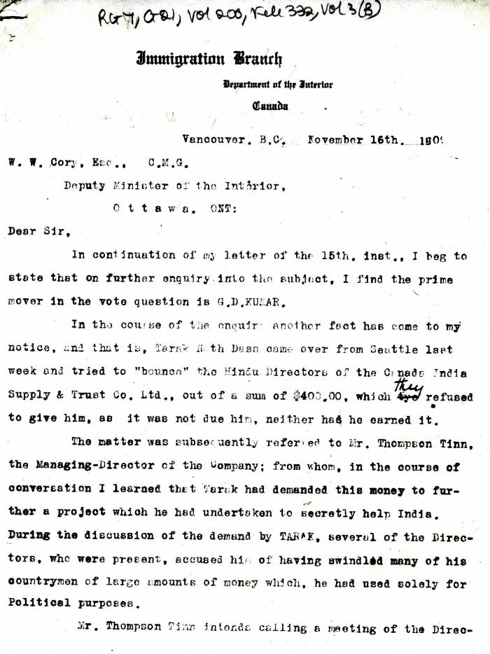 [William C. Hopkinson, Immigration Inspector, to William W. Cory, Deputy Minister of the Interior]