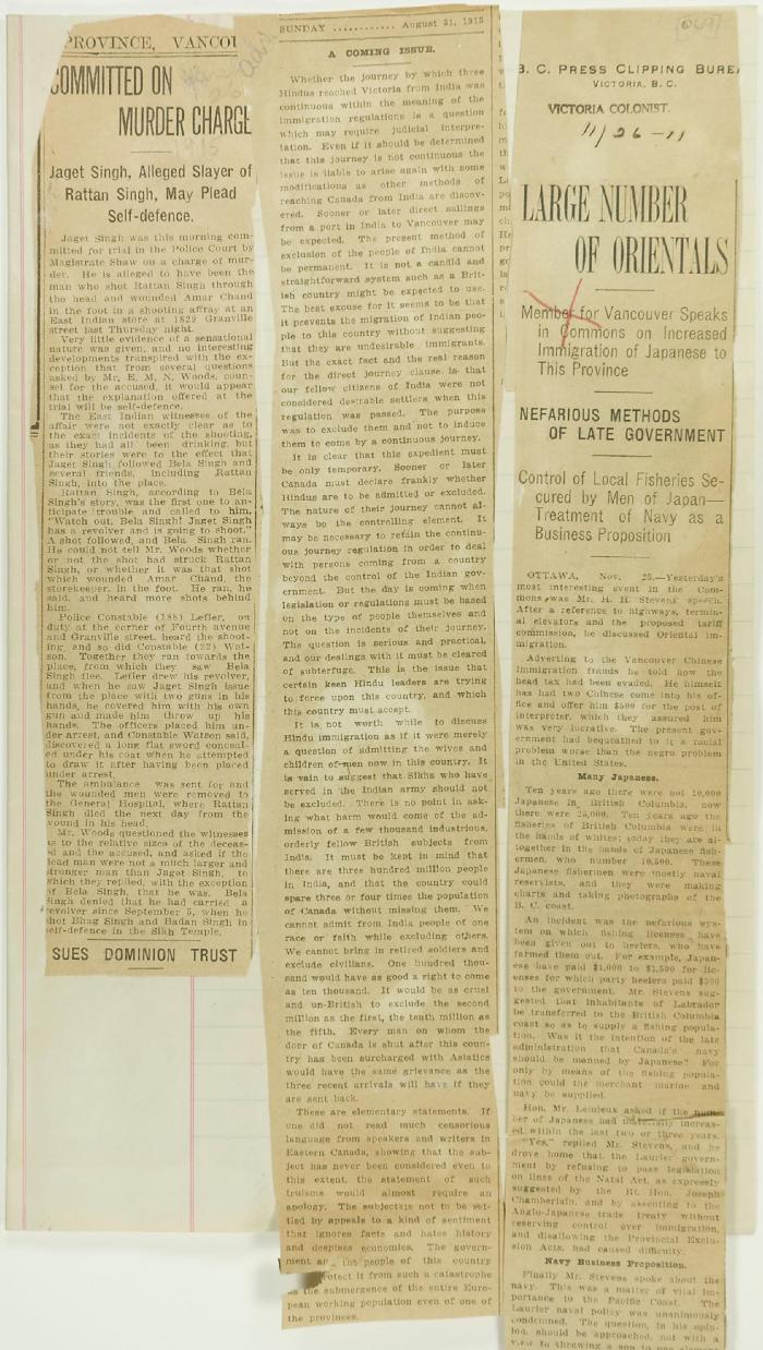 Newsclippings - Vancouver Daily Province: Committed on murder charge; A coming issue; Victoria Daily Colonist: Large number of Orientals