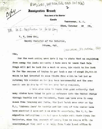 [William C. Hopkinson, Immigration Inspector, to William W. Cory, Deputy Minister of the Interior. Copy]