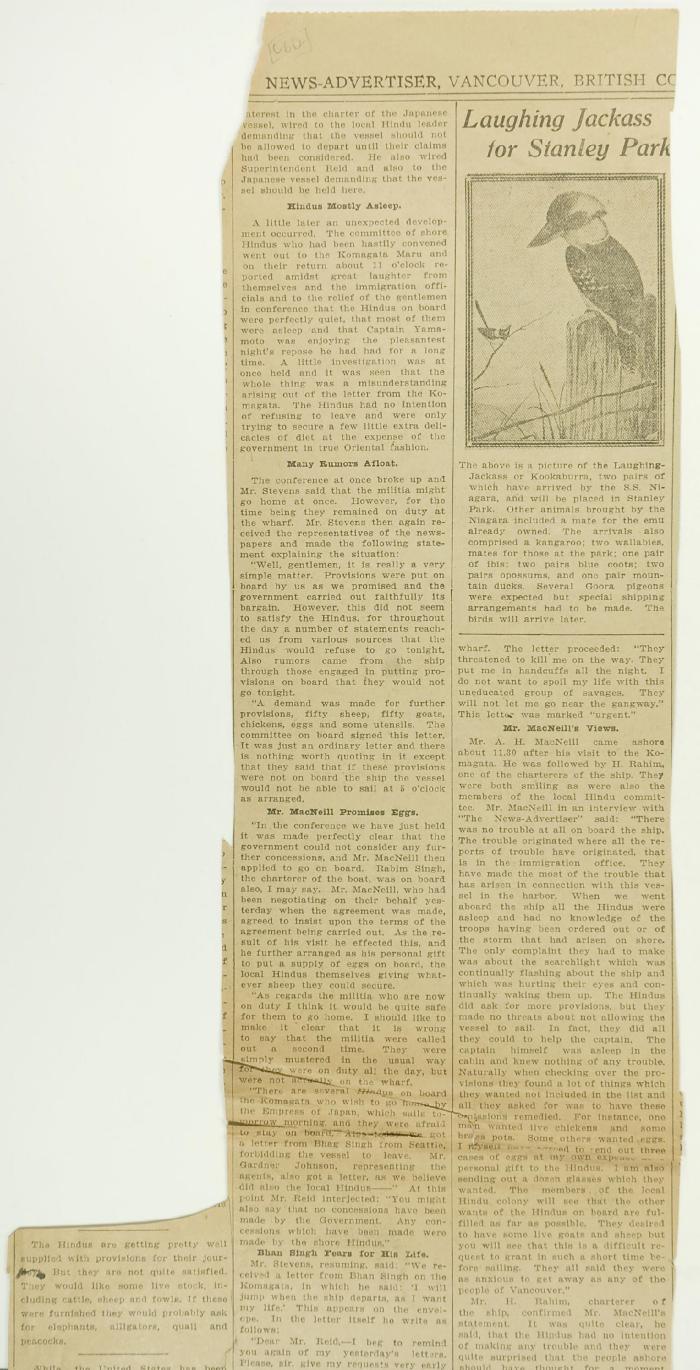 Newsclipping - Vancouver News-Advertiser: No revolt upon Komagata Maru