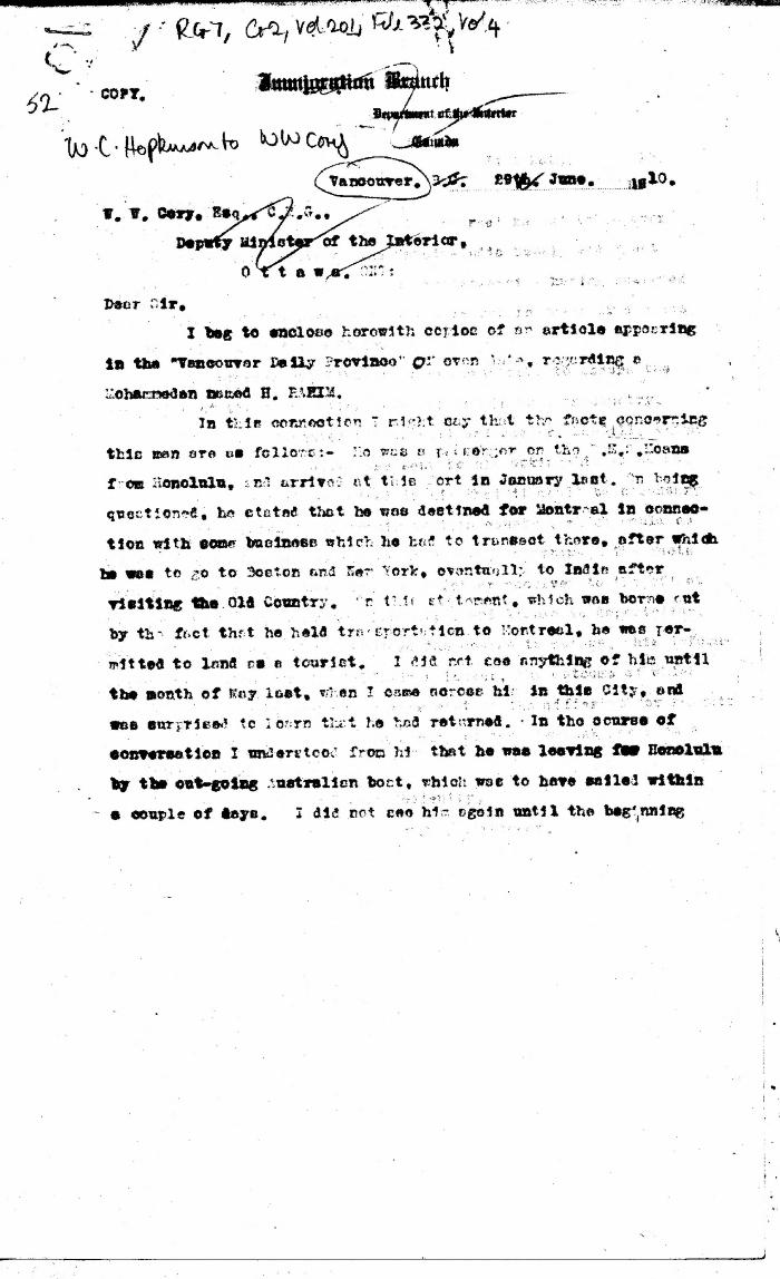 [William C. Hopkinson, Immigration Inspector, to William W. Cory, Deputy Minister of the Interior. Copy]