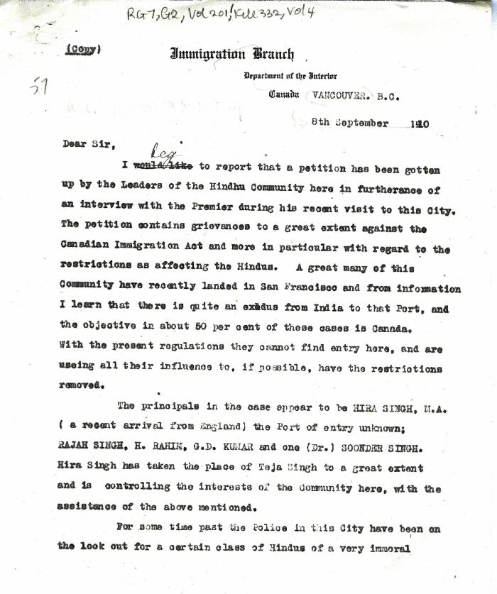 [William C. Hopkinson, Immigration Inspector, to William W. Cory, Deputy Minister of the Interior. Copy]