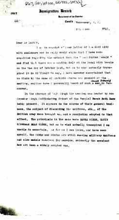 [William C. Hopkinson, Immigration Inspector, to James B. Harkin, Private Secretary to Minister of the Interior]