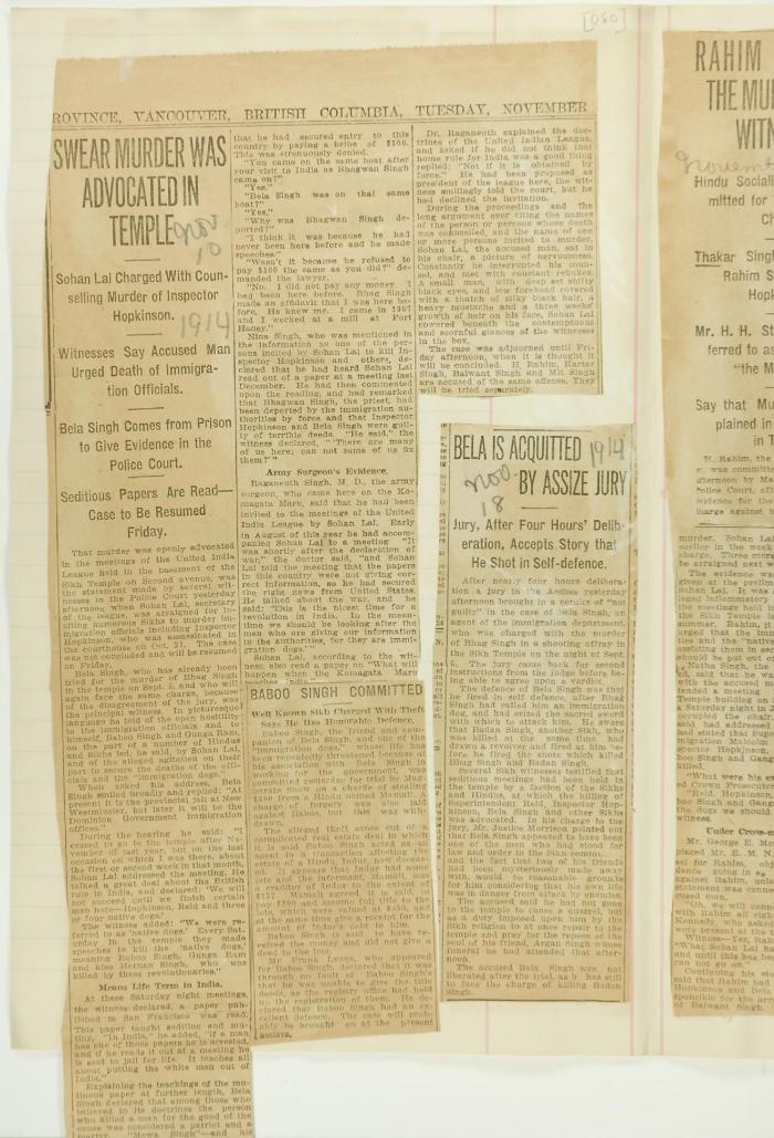 Newsclippings - Swear murder was advocated in temple; Baboo Singh committed; Bela is acquitted by assize jury