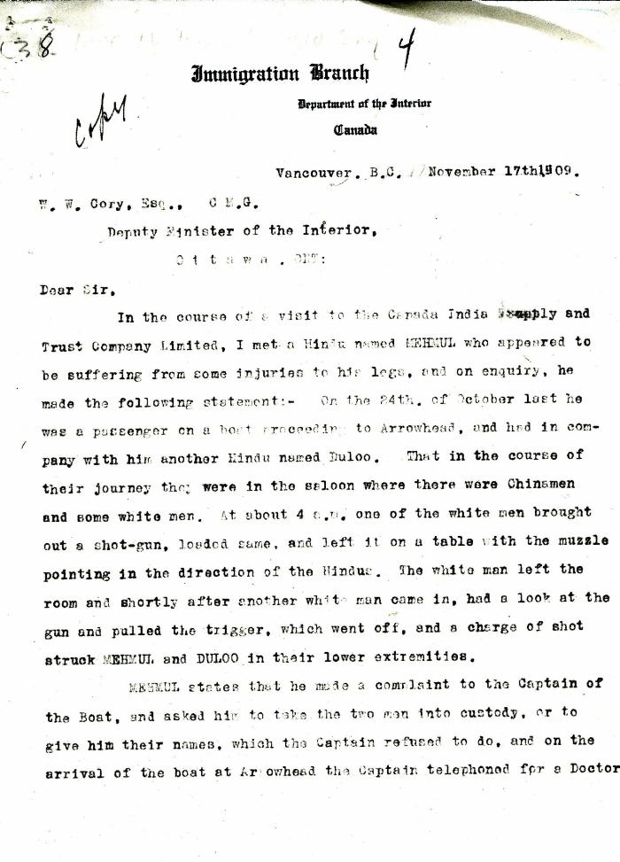 [William C. Hopkinson, Immigration Inspector, to William W. Cory, Deputy Minister of the Interior. Copy]