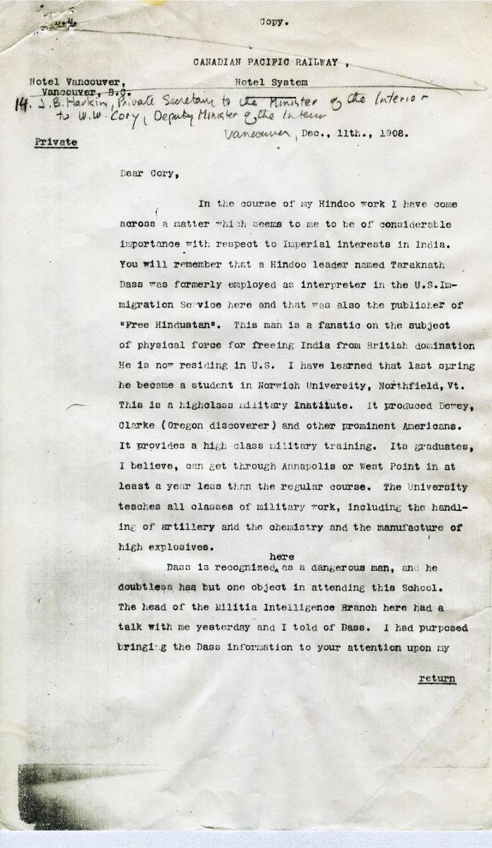 [James B. Harkin, Private Secretary to the Minister of the Interior, to William W. Cory, Deputy Minister of the Interior]