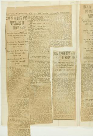 Newsclippings - Swear murder was advocated in temple; Baboo Singh committed; Bela is acquitted by assize jury