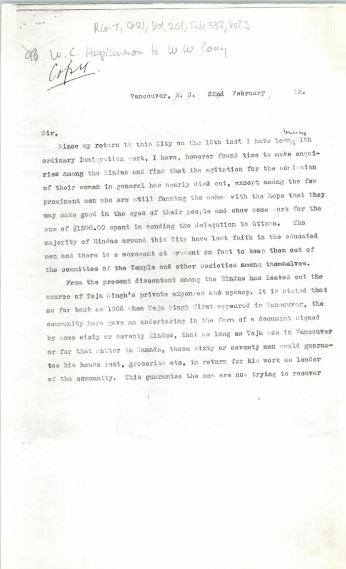 [William C. Hopkinson, Immigration Inspector, to William W. Cory, Deputy Minister of the Interior. Copy]
