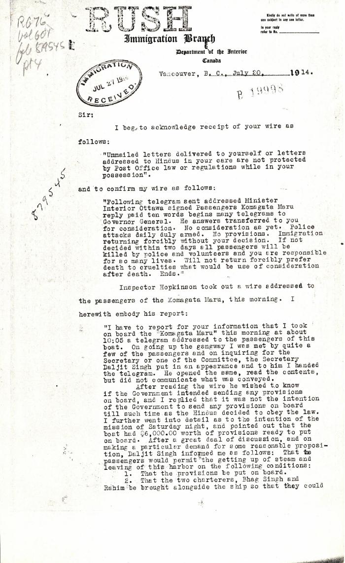 [Malcolm R. J. Reid, Dominion Immigration Agent, to William D. Scott, Superintendent of Immigration. Original]