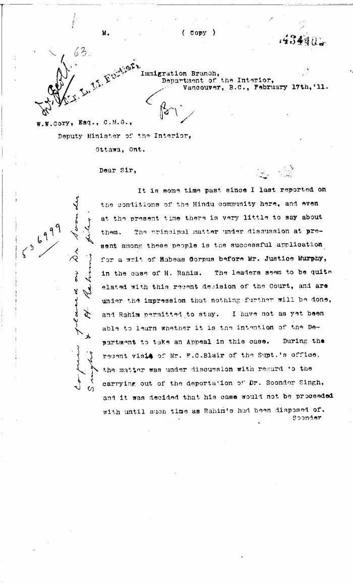 [William C. Hopkinson, Immigration Inspector, to William W. Cory, Deputy Minister of the Interior. Copy]