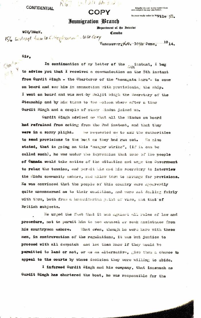 [Extract from William C. Hopkinson, Immigration Inspector, to William W. Cory, Deputy Minister of the Interior. Copy]