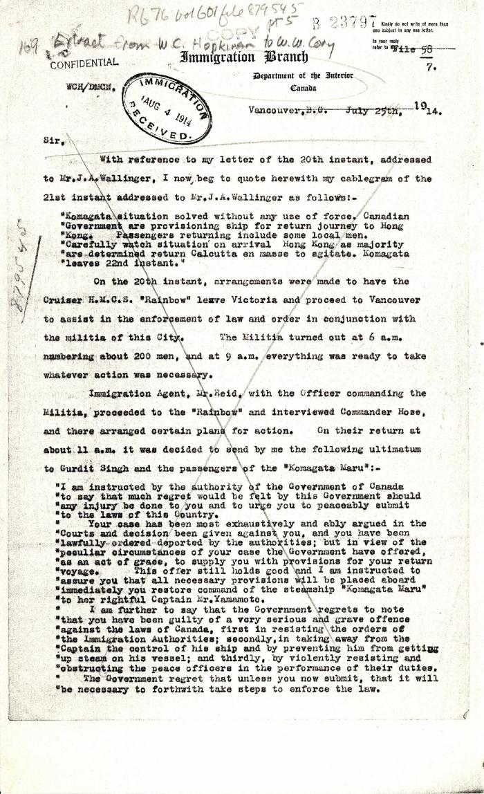 [Extract from William C. Hopkinson, Immigration Inspector, to William W. Cory, Deputy Minister of the Interior. Copy]