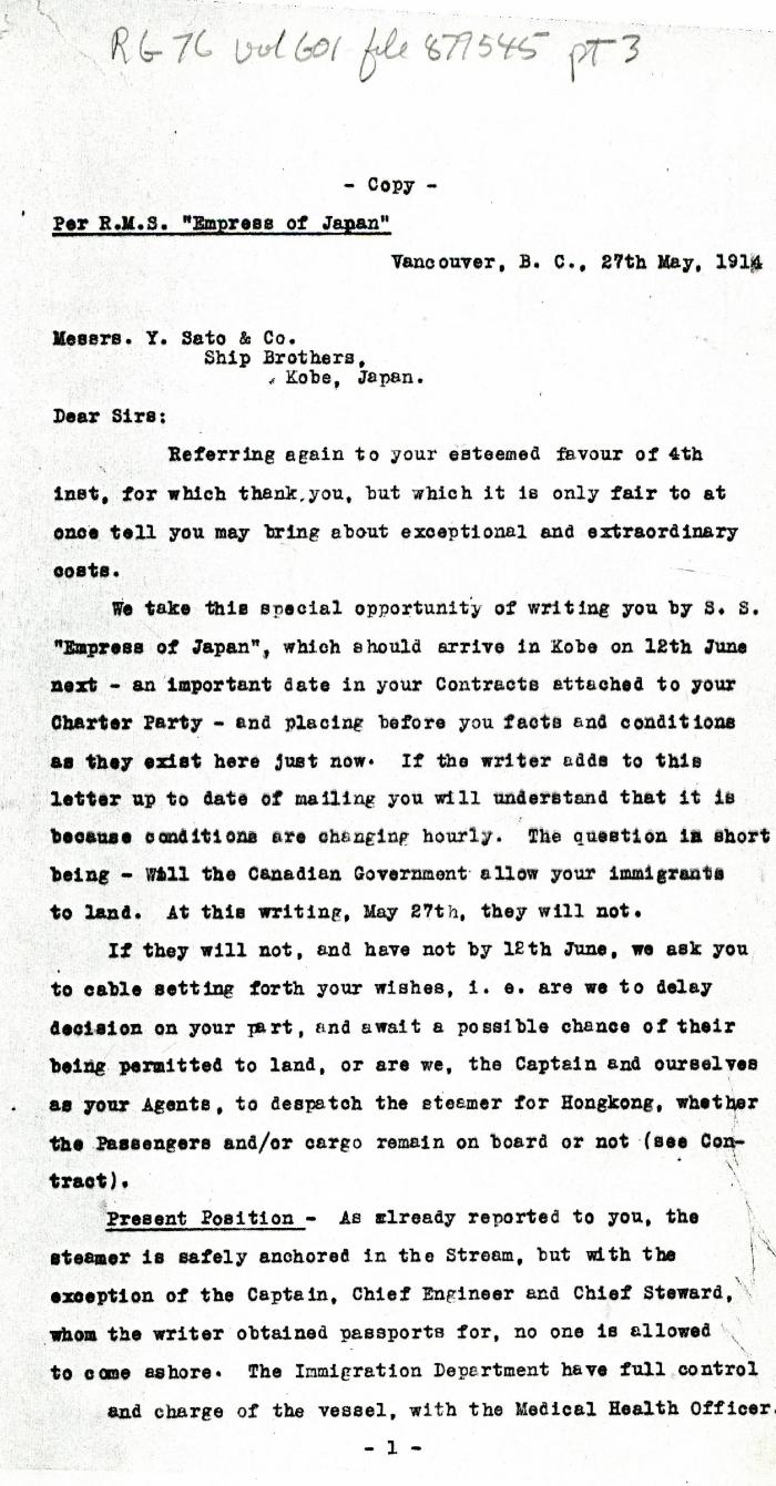 [Charles Gardner Johnson, Shipping Agent, Vancouver, to Y. Sato & Co., Kobe, Japan. Copy]