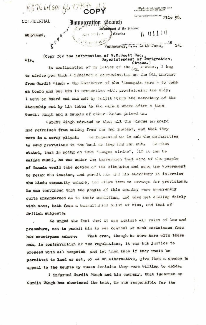 [William C. Hopkinson, Immigration Inspector, to William W. Cory, Deputy Minister of the Interior. Copy]