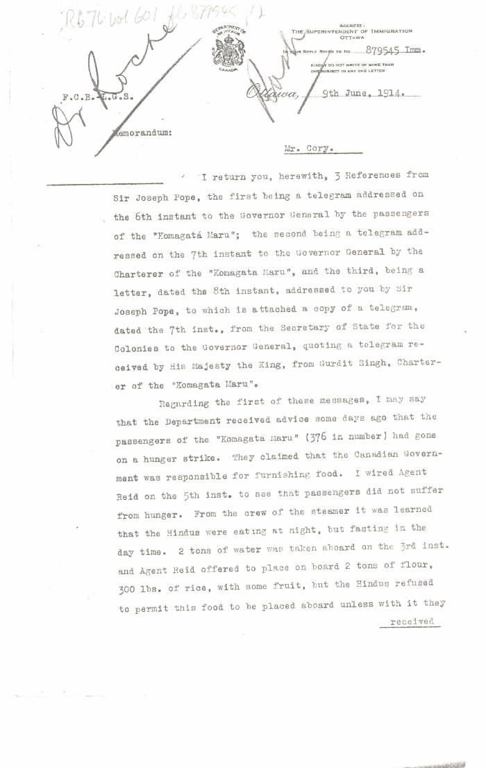 [William D. Scott, Superintendent of Immigration, Memorandum to William W. Cory, Deputy Minister of the Interior]