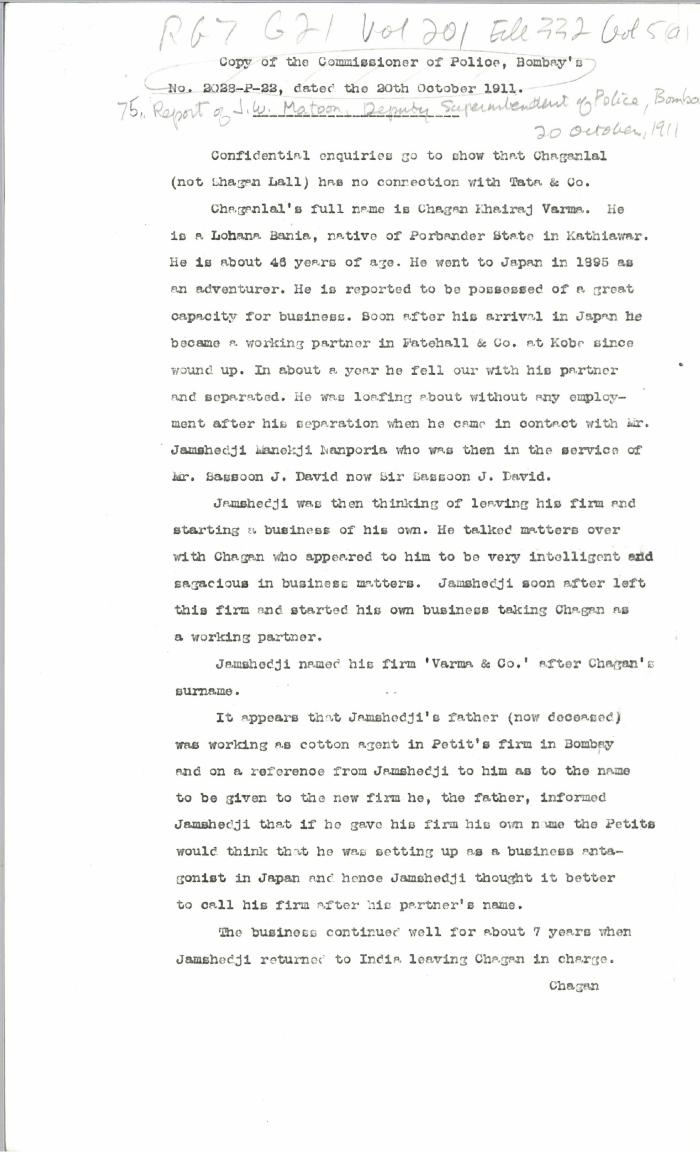 Copy of the Commissioner of Police, Bombay's No. 2028-P-22, dated the 20th October, 1911 [Report of J. W. Matoon, Deputy Superintendent of Police, Bombay. Copy]