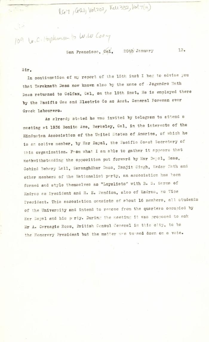 [Extract from William C. Hopkinson, Immigration Inspector, to William W. Cory, Deputy Minister of the Interior]