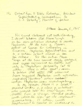 [Extract from E. Blake Robertson, Assitant Superintendent of Immigration, to Charles J. Doherty, Minister of Justice, Ottawa]