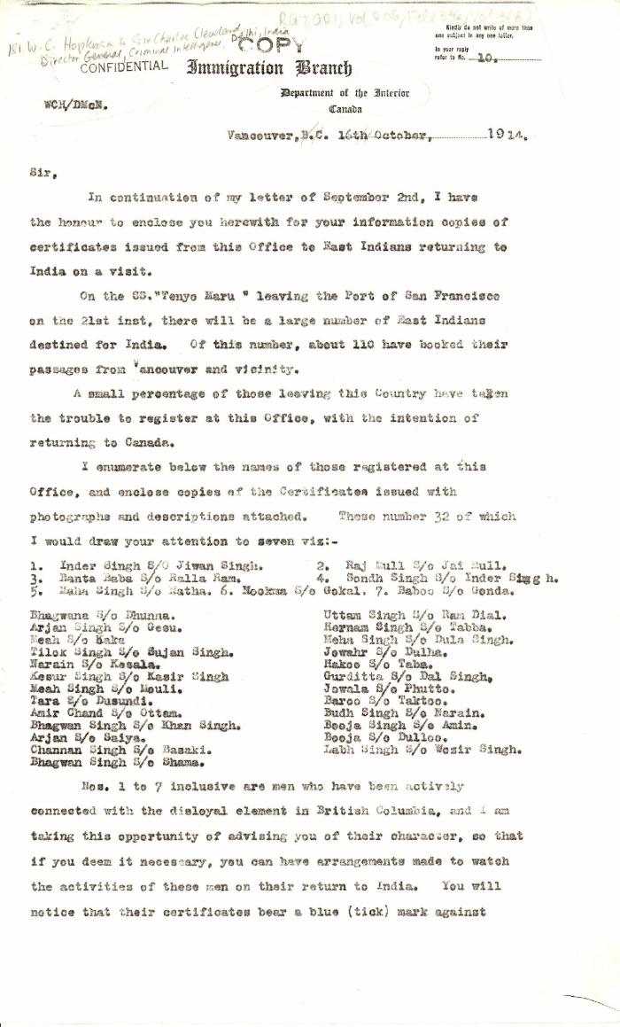 [William C. Hopkinson, Immigration Inspector, to Sir Charles Cleveland, Director General, Criminal Intelligence, Delhi, India. Copy]