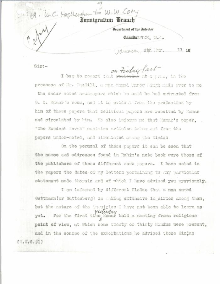 [William C. Hopkinson, Immigration Inspector, to William W. Cory, Deputy Minister of the Interior. Copy]