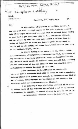[William C. Hopkinson, Immigration Inspector, to William W. Cory, Deputy Minister of the Interior. Copy]