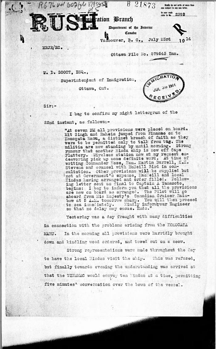 [Malcolm R. J. Reid, Dominion Immigration Agent, to William D. Scott, Superintendent of Immigration. Original]