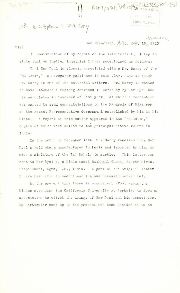[William C. Hopkinson, Immigration Inspector, to William W. Cory, Deputy Minister of the Interior. Copy]