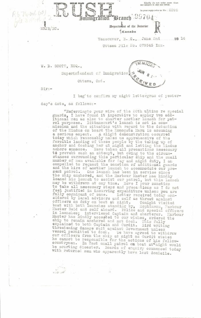 [Malcolm R. J. Reid, Dominion Immigration Agent, to William D. Scott, Superintendent of Immigration. Original]