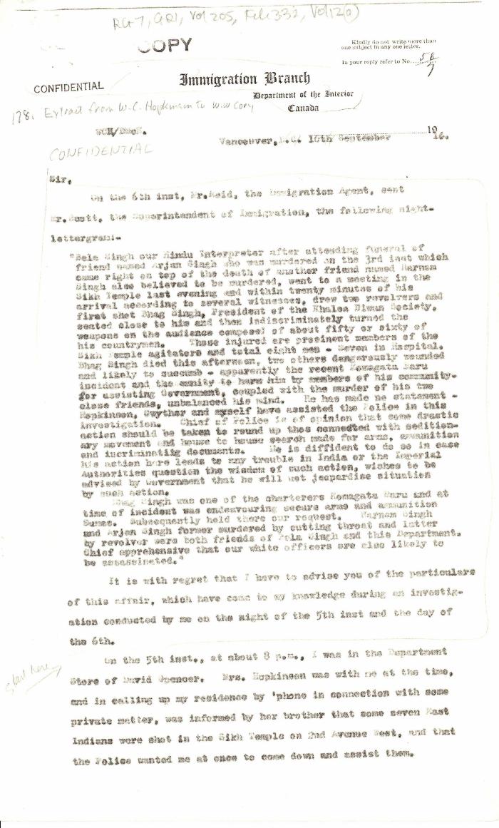 [Extract from William C. Hopkinson, Immigration Inspector, to William W. Cory, Deputy Minister of the Interior. Copy]