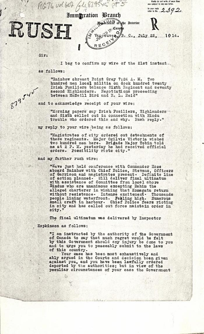 [Malcolm R. J. Reid, Dominion Immigration Agent, to William D. Scott, Superintendent of Immigration. Original]