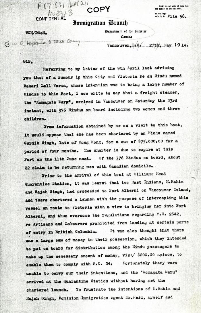 [Extract from William C. Hopkinson, Immigration Inspector, to William W. Cory, Deputy Minister of the Interior. Copy]