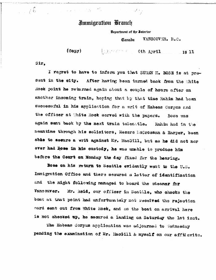 [William C. Hopkinson, Immigration Inspector, to William W. Cory, Deputy Minister of the Interior. Copy]